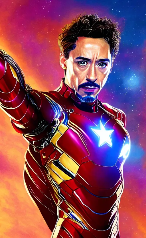 Image similar to portrait of robert sheehan as tony stark from the avengers infinity war, marvel concept art, hyperrealistic, detailed, accurate illustration, dramatic lighting, action pose