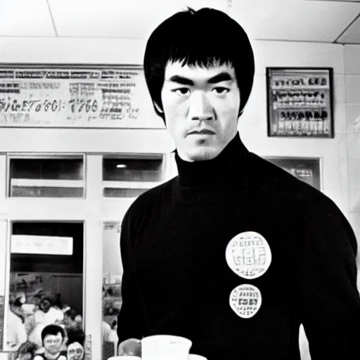 Image similar to 8 k vintage portrait photograph of bruce lee standing inside of a detailed and busy wafflehouse helping out