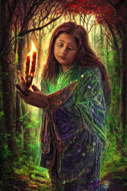 Prompt: photorealistic photo of an aztec sorcerer casting a powerful spell in a dark forest, by lilia alvarado, lilia alvarado art,