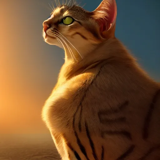 Image similar to egyptian cat, golden hour, fantasy, sharp focus, digital art, hyper realistic, 4 k, unreal engine, highly detailed, hd, dramatic lighting by brom, trending on artstation