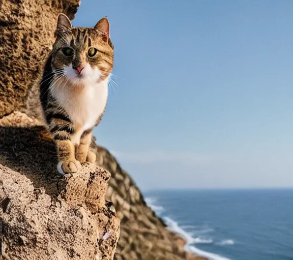 Image similar to a cat standing on a cliff overlooking a beach. hyper realistic and anamorphic 2 0 1 0 s movie still of giovanni falcone, by paolo sorrentino, leica sl 2 3 0 mm, beautiful color, high quality, high textured, lens flare, refined face and muzzle.