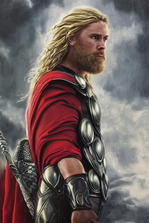 Image similar to oil portrait of thor, the thot of asgard, epic, cinematic, highly detailed