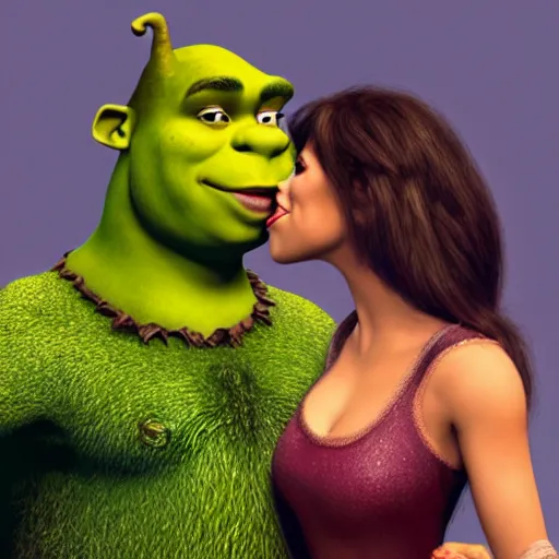 Image similar to shrek kissing jenifer lopez, realistic