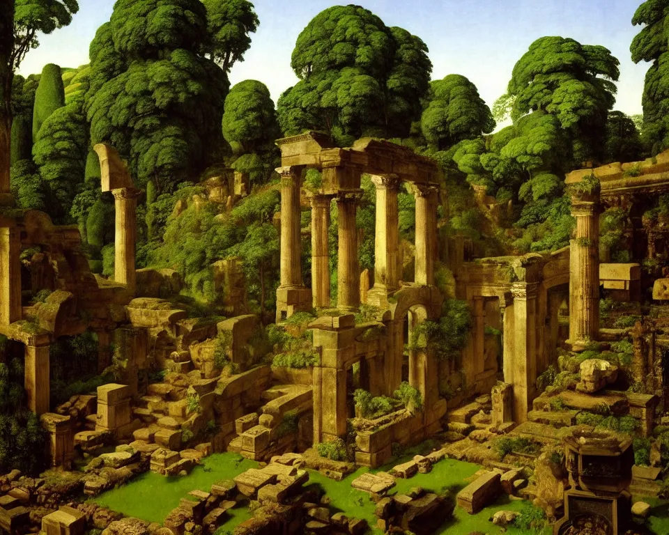Image similar to an achingly beautiful print of Roman ruins in a jungle clearing with a waterfall in the distance by Raphael, Hopper, and Rene Magritte. detailed, romantic, enchanting, trending on artstation.