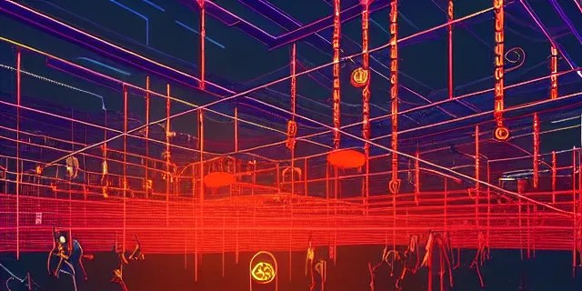 Prompt: glowing chains of interconnected network of technological cubes floating in the middle of a cyberpunk tokyo 2 0 9 9 city, in the art style of dan mumford and marc simonetii