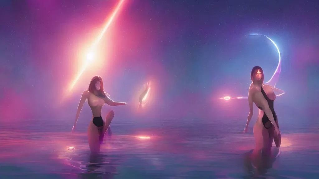 Image similar to beautiful seductive women standing in a lake reaching for the stars, underneath a multi-colored binary blackhole with an accretion disc, by Lois van Baarle, by Greg Rutkowski, by artgerm, by beeple, volumetric lighting, 4k resolution, octane render, trending on artstation