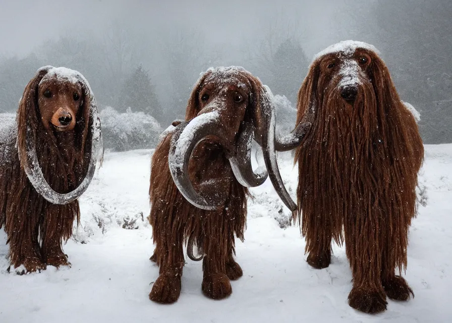 Image similar to Giant woolly dachshund with mammoth tusks, in the middle of a snow storm