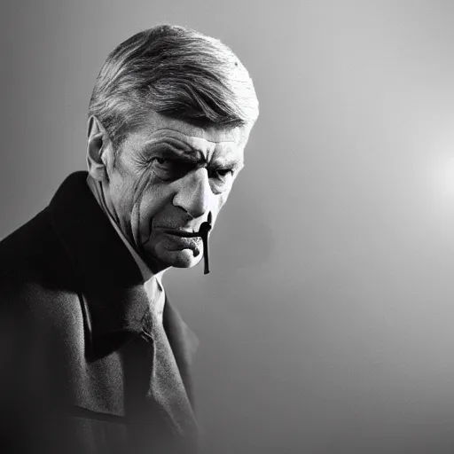 Image similar to arsene wenger as a 1 9 4 0 s gangster, noir, fog, serious, extreme detail, realistic, rain, atmospheric, cigarette in mouth, movie still, studio light 4 k