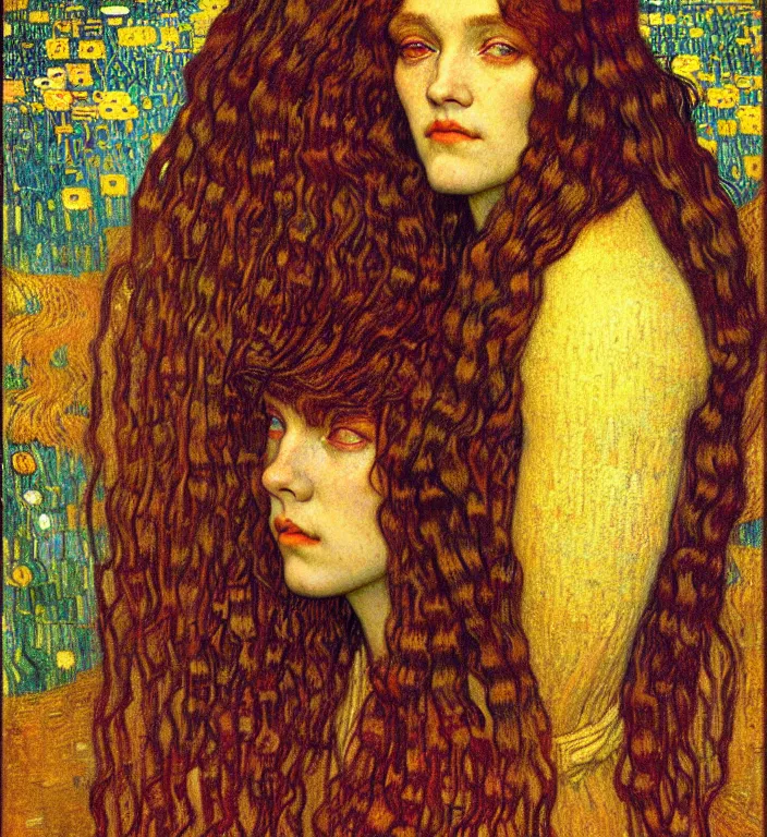 Image similar to detailed realistic beautiful young medieval queen face portrait by jean delville, gustav klimt and vincent van gogh, art nouveau, symbolist, visionary, gothic, pre - raphaelite, muted earthy colors, desaturated