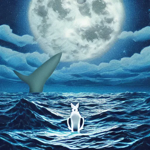 Prompt: close shot of human with fox ears standing in the middle of the ocean, digital art, acrylic, detailed, glows, moonlight,