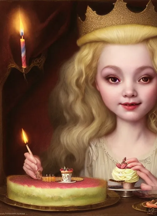 Image similar to highly detailed closeup portrait of a grinning irish fairytale medieval princess eating birthday cake, unreal engine, nicoletta ceccoli, mark ryden, lostfish, earl norem, global illumination, god rays, detailed and intricate environment