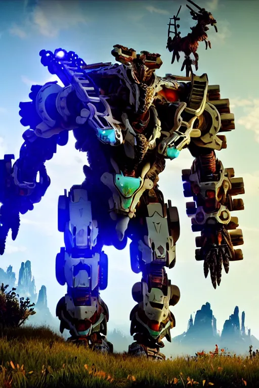 Image similar to a cinematic still from horizon zero dawn, full body mech, armored core, intact humanoid servo, octane render, nvidia raytracing demo, masterpiece, aged armor plating, decipticon armor plating, aggressive head, endoekeleton exposure