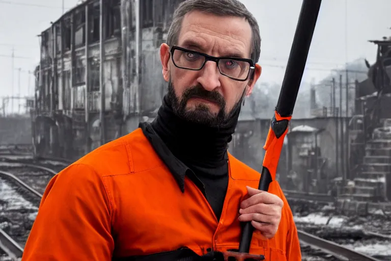 Image similar to vfx movie closeup real life gordon freeman holding wearing futuristic orange and black armor crowbar in russian train yard by emmanuel lubezki