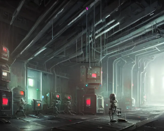 Image similar to gloomy ruined server room in datacenter painting concept art of monkey robot colossus, sharp focus, emitting diodes, smoke, artillery, pacing, computers, racks, motherboard, by pascal blanche rutkowski repin artstation detailed matte painting, 4 k resolution