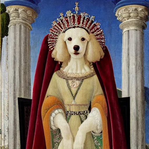 Image similar to portrait of a white poodle as an italian queen, painting by botticelli, 1 4 0 0