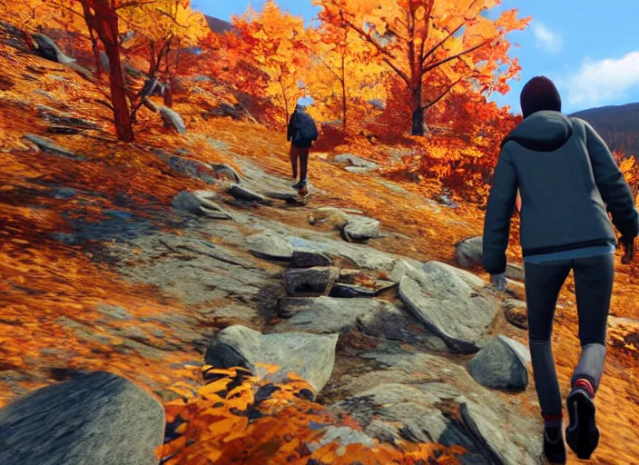 Image similar to friends hiking franconia ridge new hampshire in autumn, life is strange ps 3 gameplay ( 2 0 1 5 ), unreal engine