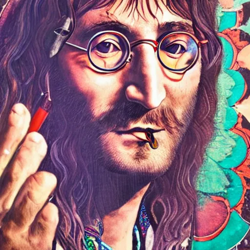 Image similar to a mystical hippy meditating, john lennon spectacles on, deep hippy vibe, smoke and hooka pipe, weed