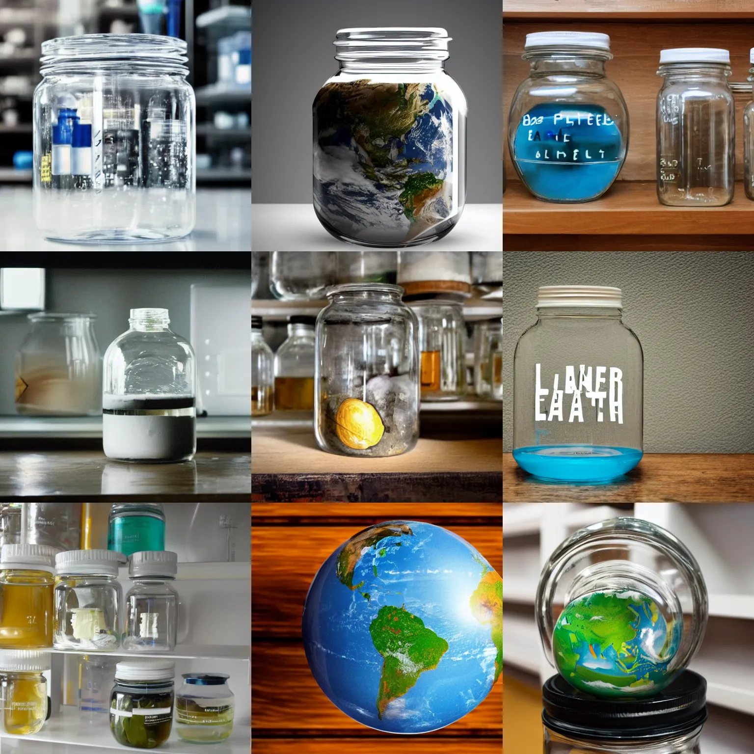 Prompt: a laboratory, jar on a shelf, inside the jar is the planet earth