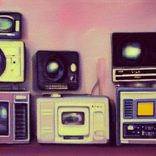 Image similar to array of crt televisions, tv static, antenna, stacked, polaroid, steroids, adult video store, impressionist painting, painting, oil painting, cell shaded, fuzz