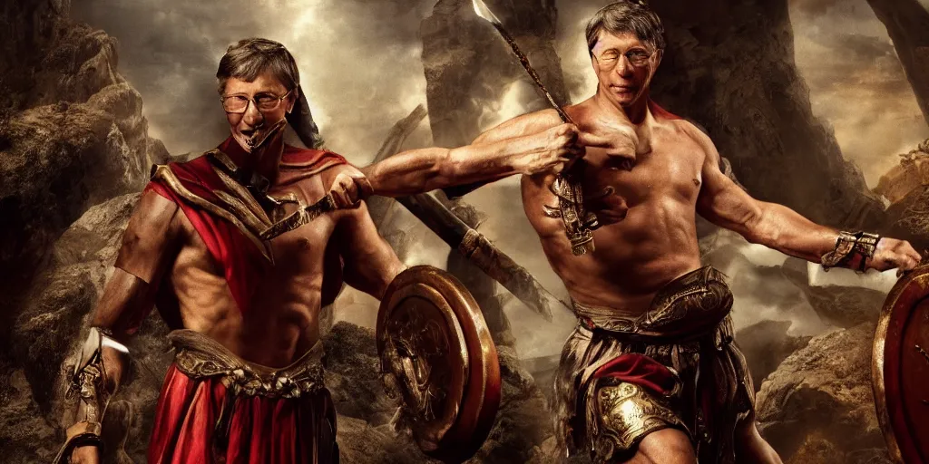 Image similar to bill gates as a glorious buff roman warrior, cinematic, dramatic lighting