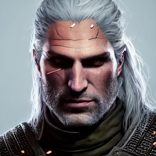 Image similar to geralt from the witcher 3 video game, huggy wuggy from poppy playtime video game, fullbody, ultra high detailed, glowing lights, oil painting, greg rutkowski, charlie bowater, beeple, unreal 5, daz, hyperrealistic, octane render, rpg portrait, dynamic lighting, fantasy art, beautiful face