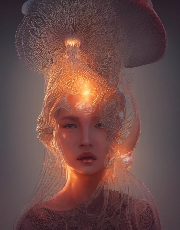 Image similar to goddess portrait. jellyfish phoenix head. intricate artwork by Tooth Wu and wlop and beeple. octane render, trending on artstation, greg rutkowski very coherent symmetrical artwork. cinematic, hyper realism, high detail, octane render, 8k