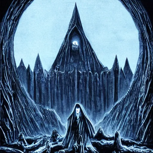 Prompt: ghosts haunting Minas Morgul, black metal artwork, blue color scheme, highly detailed