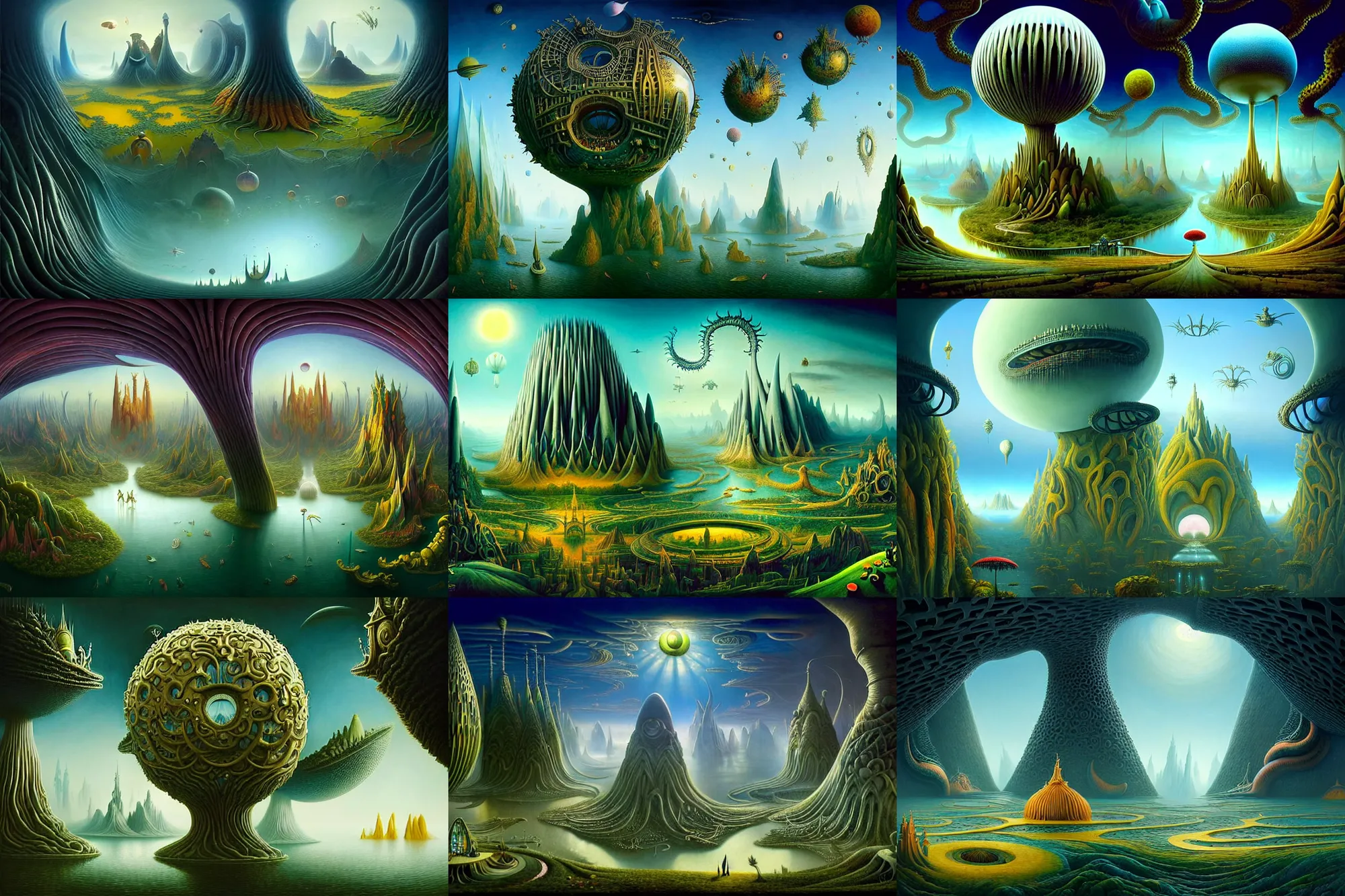 Prompt: a beguiling epic stunning beautiful and insanely detailed matte painting of alien dream worlds with surreal architecture designed by Heironymous Bosch, mega structures inspired by Heironymous Bosch's Garden of Earthly Delights, vast surreal landscape and horizon by Cyril Rolando and James Gurney, masterpiece!!!, grand!, imaginative!!!, whimsical!!, epic scale, intricate details, sense of awe, elite, wonder, insanely complex, masterful composition!!!, sharp focus, fantasy realism, dramatic lighting