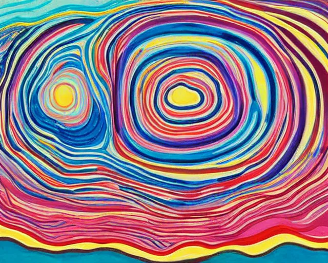 Image similar to Ocean waves in a psychedelic dream world. DMT. Curving rivers. Landscape painting by Edvard Munch. David Hockney. Takashi Murakami. Minimalist.