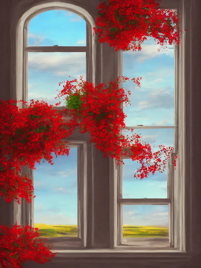 Image similar to a interior photo of a vintage house single window with view to the sunrise near some red flowers, hyperrealistic, digital painting, masterpiece, high quality, highly detailed, high coherence, path traced, serene landscape, beautiful, elegant, bloom, godrays, complementary colors, natural lighting, symmetrical, low contrast, geometrically correct