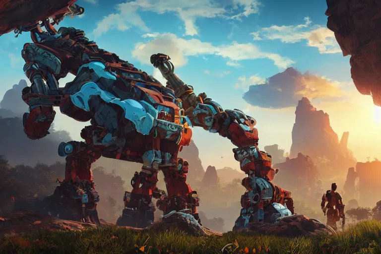 Image similar to rockbreaker machine mecanical creature robot of horizon forbidden west horizon zero dawn radiating a glowing aura global illumination ray tracing hdr fanart arstation by ian pesty and alena aenami artworks in 4 k