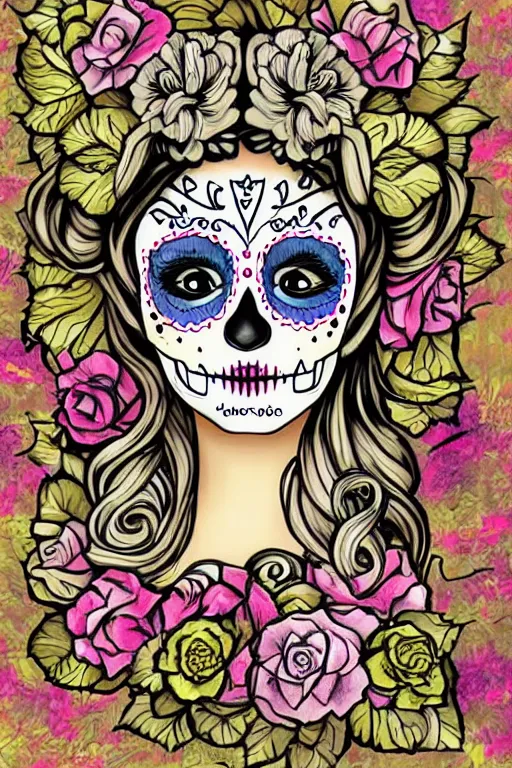 Image similar to illustration of a sugar skull day of the dead girl, art by rococo