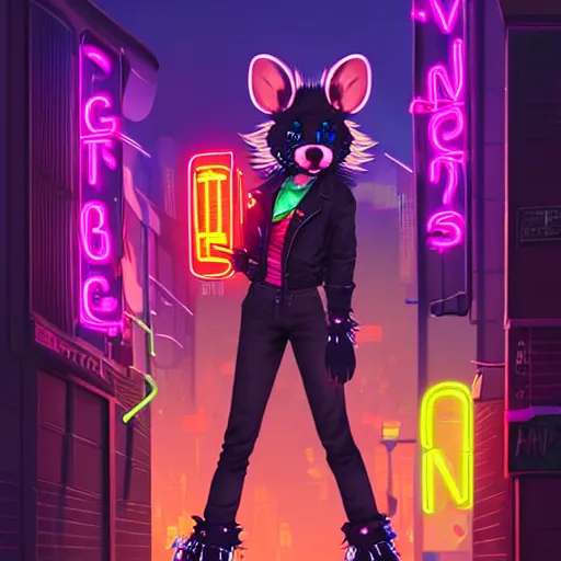 Image similar to beautiful furry digital art portrait commission of an androgynous furry anthro rat fursona wearing punk clothes in the streets of a cyberpunk city. neon signs. character design by charlie bowater, ross tran, artgerm, and makoto shinkai