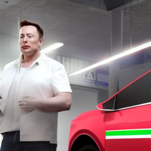 Image similar to Elon Musk manning a 7/11 cashier and wearing their uniform, macro, wide shot, dramatic lighting, octane render, hyperrealistic, HD