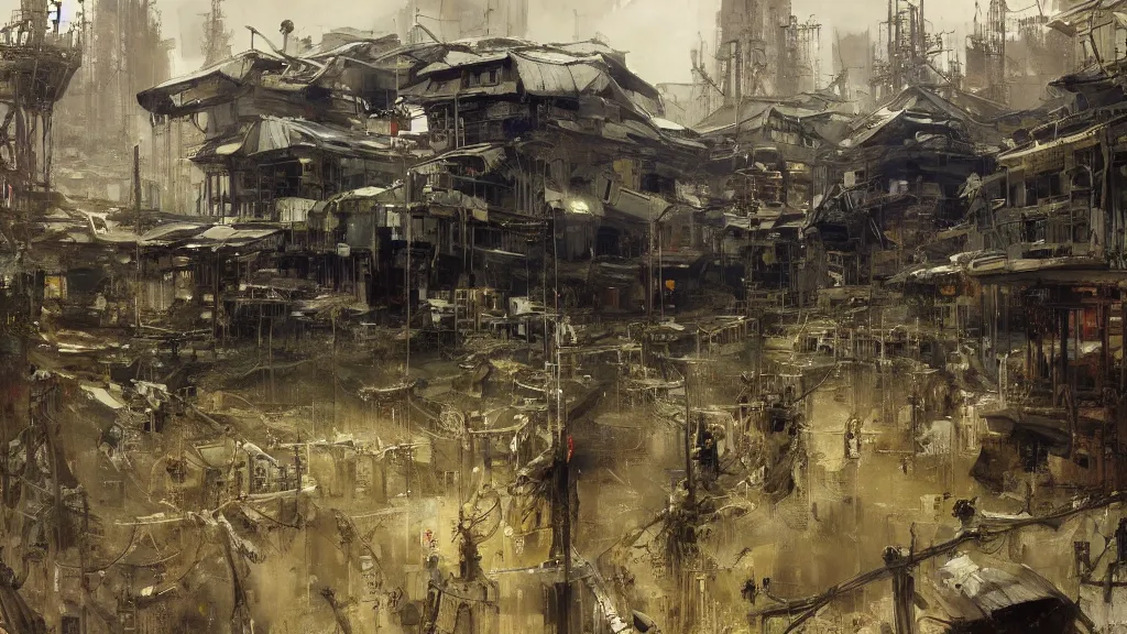 Image similar to post - apocalyspe settlement with houses, hydroponic farms, painted by tsutomu nihei, painted by eddie mendoza, painted by ilya repin