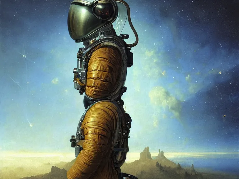 Image similar to a detailed profile oil painting of an explorer in a spacesuit with reflective helmet, advanced technology flight suit, portrait symmetrical and science fiction theme with aurora lighting clouds and stars by beksinski carl spitzweg and tuomas korpi. baroque elements, full-length view. baroque element. intricate artwork by caravaggio. Trending on artstation. 8k