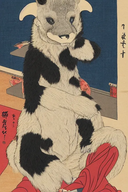 Prompt: ukiyo-e ukiyoe portrait of furry anthro anthropomorphic badger head animal person fursona wearing clothes sitting in a living room