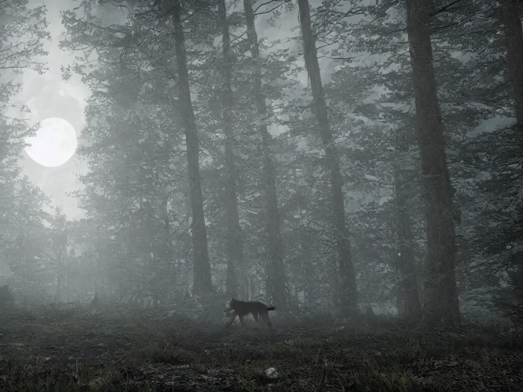 Prompt: a large wolf walking on a dark path through the forest at night under a full moon, 4 k, photorealistic unreal engine 5,