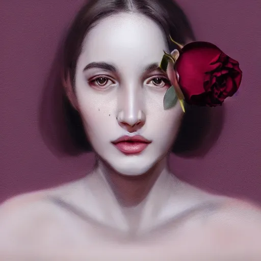 Prompt: hight focus of a wonderful sweet wonderful symmetrical profile portrait of a lady with a clear skin, with a rose in the center of her lips, daz, emotional, new concept art, new interpretation of portrait, new era, digital art, fine art, dramatic light, cinematic, artstation, octane render 8 k s 1
