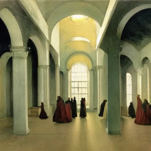 Image similar to procession of ivory golden women in a soviet abandoned temple, dripping watercolor by hammershøi, highly detailed, art nouveau wallpaper, lights by edward hopper, liminal, eerie, pastel colors, limited palette