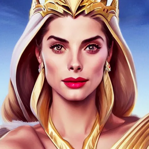 Image similar to A combination of Grace Kelly's and Willa Holland's and Ashley Greene's faces as She-Ra, western, D&D, fantasy, intricate, elegant, highly detailed, digital painting, artstation, concept art, matte, sharp focus, illustration, art by Artgerm and Greg Rutkowski and Alphonse Mucha