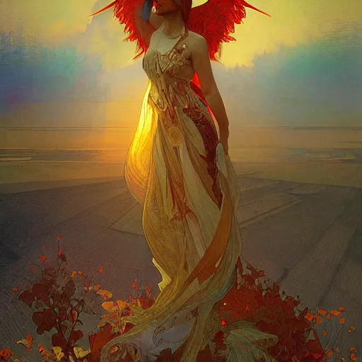 Prompt: the solarpunk phoenix, red bird, regeneration, landscape, volumetric light, bokeh, painting by greg rutkowski by alphonse mucha