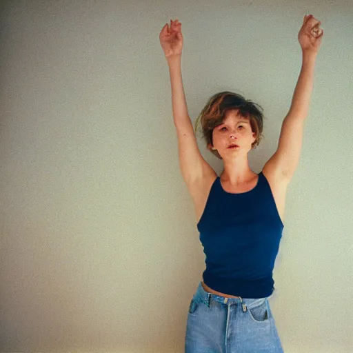 Image similar to razorfree beautiful young woman, short hair, tank top, arms raised above her head, cottagexore, portrait photography, portra 800