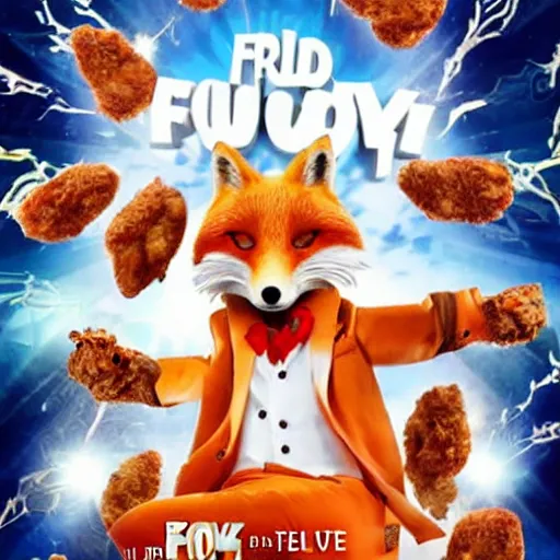 Prompt: comedy movie poster featuring an anthropomorphic fox wearing a white suit, fried chicken in the background, promotional media