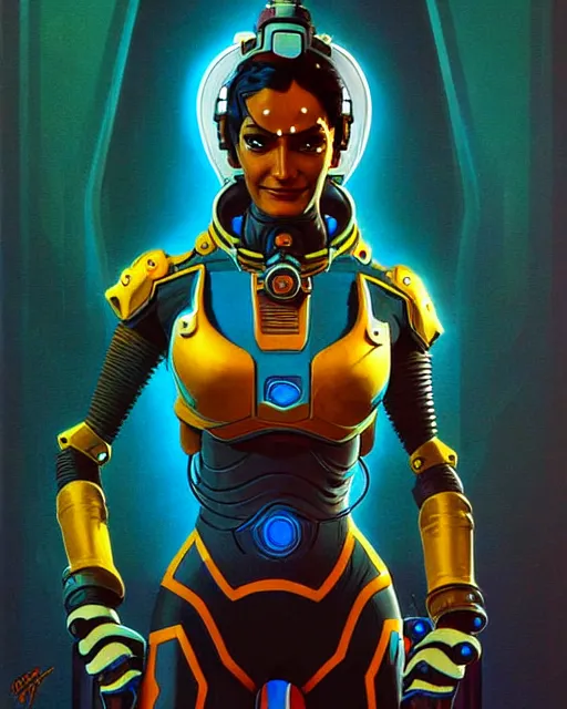 Image similar to symmetra from overwatch, character portrait, sci - fi armor, portrait, close up, concept art, intricate details, highly detailed, vintage sci - fi poster, retro future, in the style of chris foss, rodger dean, moebius, michael whelan, and gustave dore