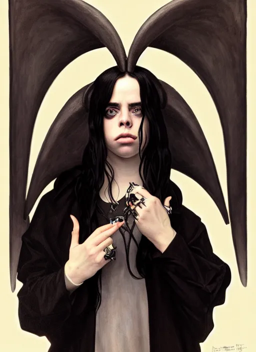 Image similar to Billie Eilish with two demon horns, noir, highly detailed, digital painting, artstation, concept art, sharp focus, illustration, art by Alphonse Mucha and Ian Sprigger and Edmund Bliar Leighton