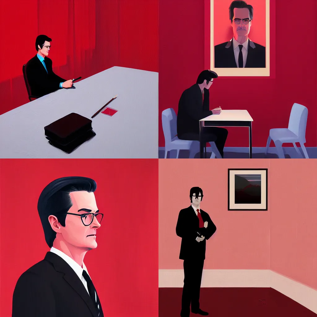 Prompt: painting Kyle MacLachlan Twin Peaks in red room by Ilya Kuvshinov