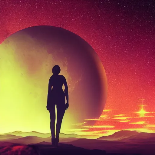 Image similar to A sad spiritual witch standing on mars looking at camera, distant background, red lighting, ominous, moonlight, bokeh, synthwave, psychedelic, glitch, acrylic, flooko, detailed,