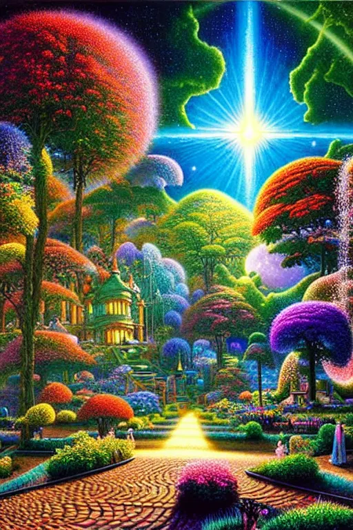 Prompt: a photorealistic detailed cinematic image of a beautiful vibrant iridescent garden retreat, future for human evolution, spiritual science, divinity, utopian, ground view, by david a. hardy, kinkade, lisa frank, wpa, public works mural, socialist