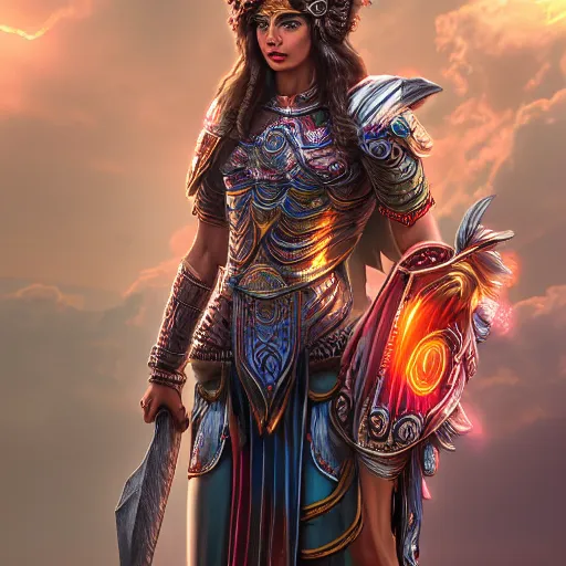 Image similar to highly detailed full body portrait of Athene, goddess of strategic war and wisdom wearing armor, cinematic lightning, bright colors, intricate, masterpiece, photorealistic, hiperrealistic, sharp focus, high contrast, Artstation HQ, DeviantArt trending, 4k UHD, Unreal Engine 5